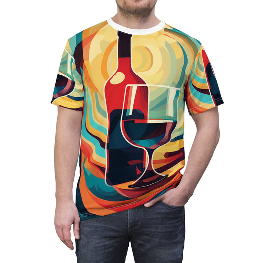 Wine Lover Abstract - Bottle & Glass Design Unisex Cut & Sew Tee (AOP)