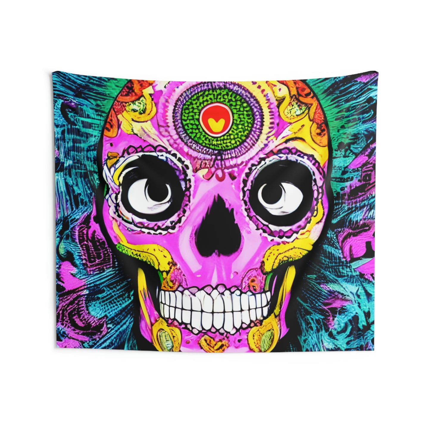 Tela decorativa para pared interior Cara de cabeza de esqueleto de calavera psicodélica trippy 