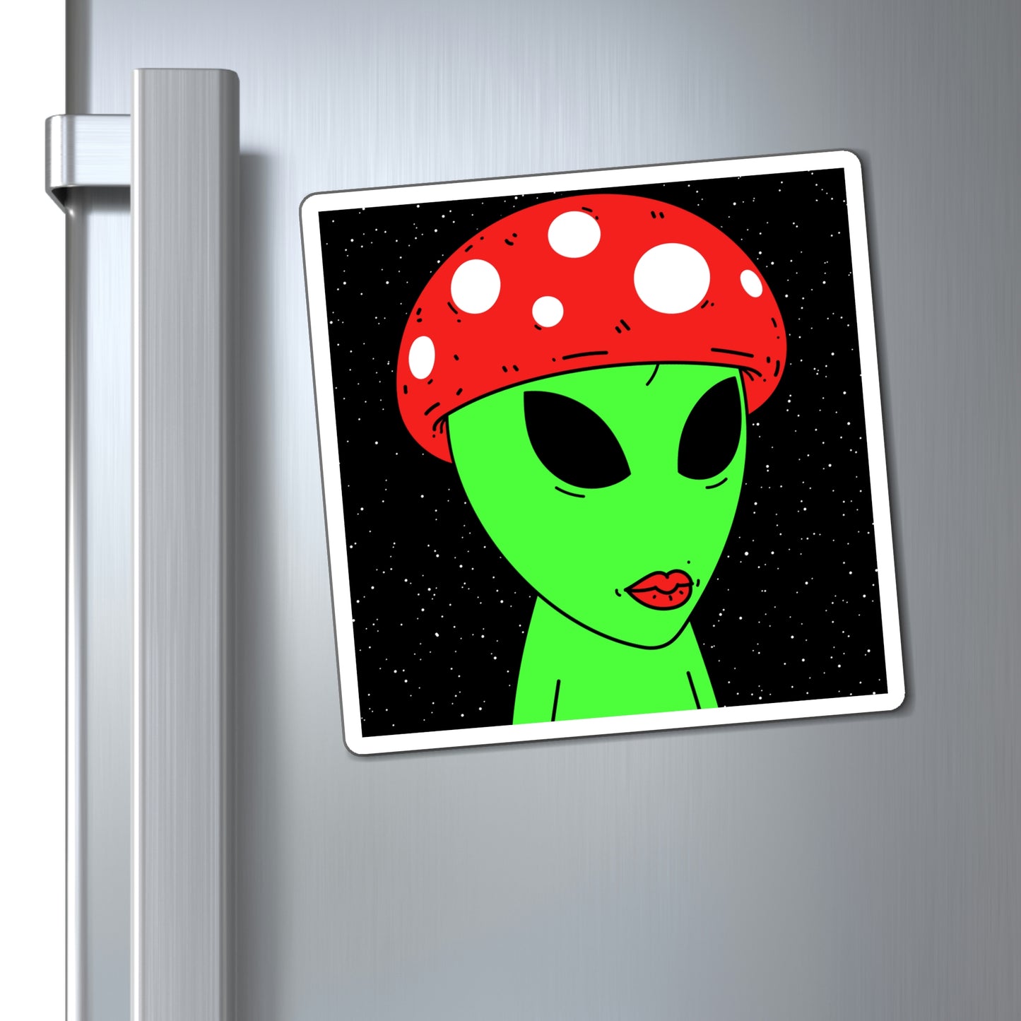 Mushroom Head Green Alien Visitor w/ Red Lips Magnets