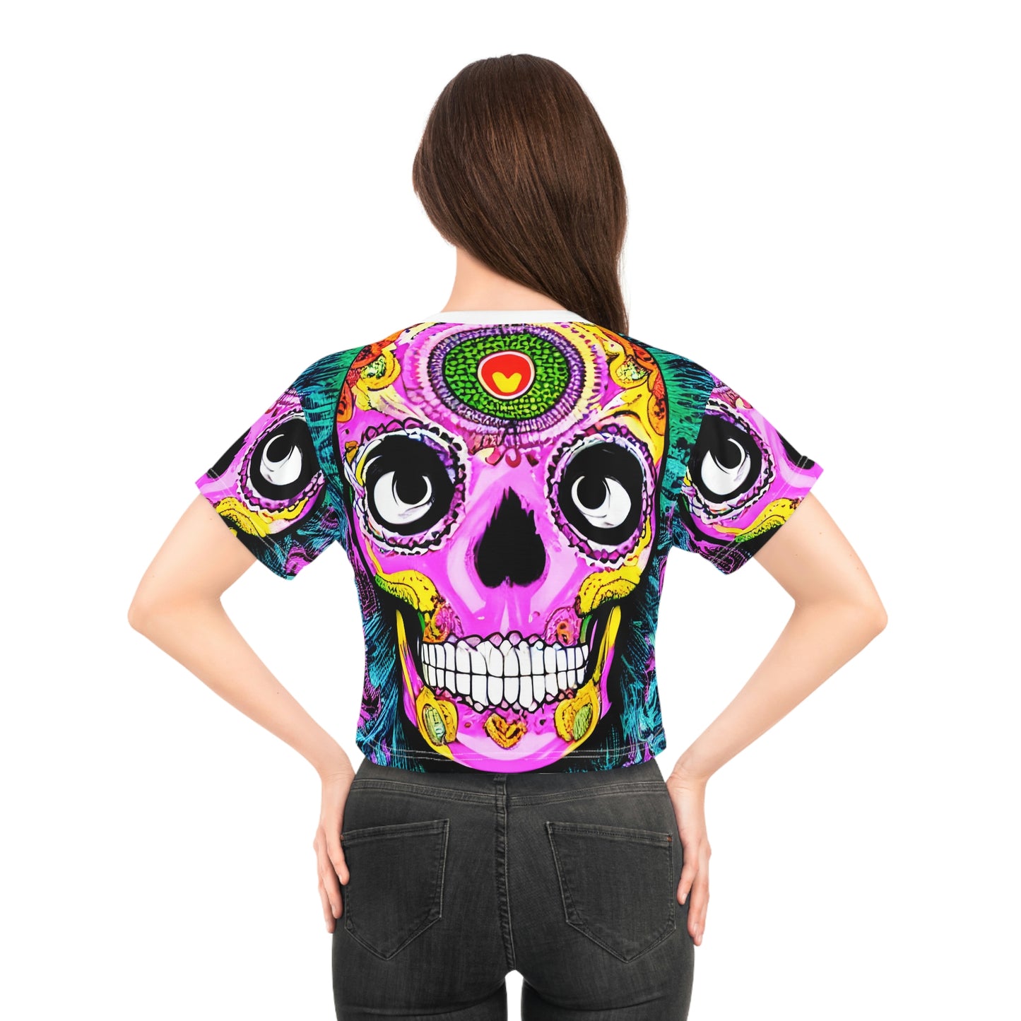 Trippy psychedelic Skull Skeleton Head Face AOP Crop Tee