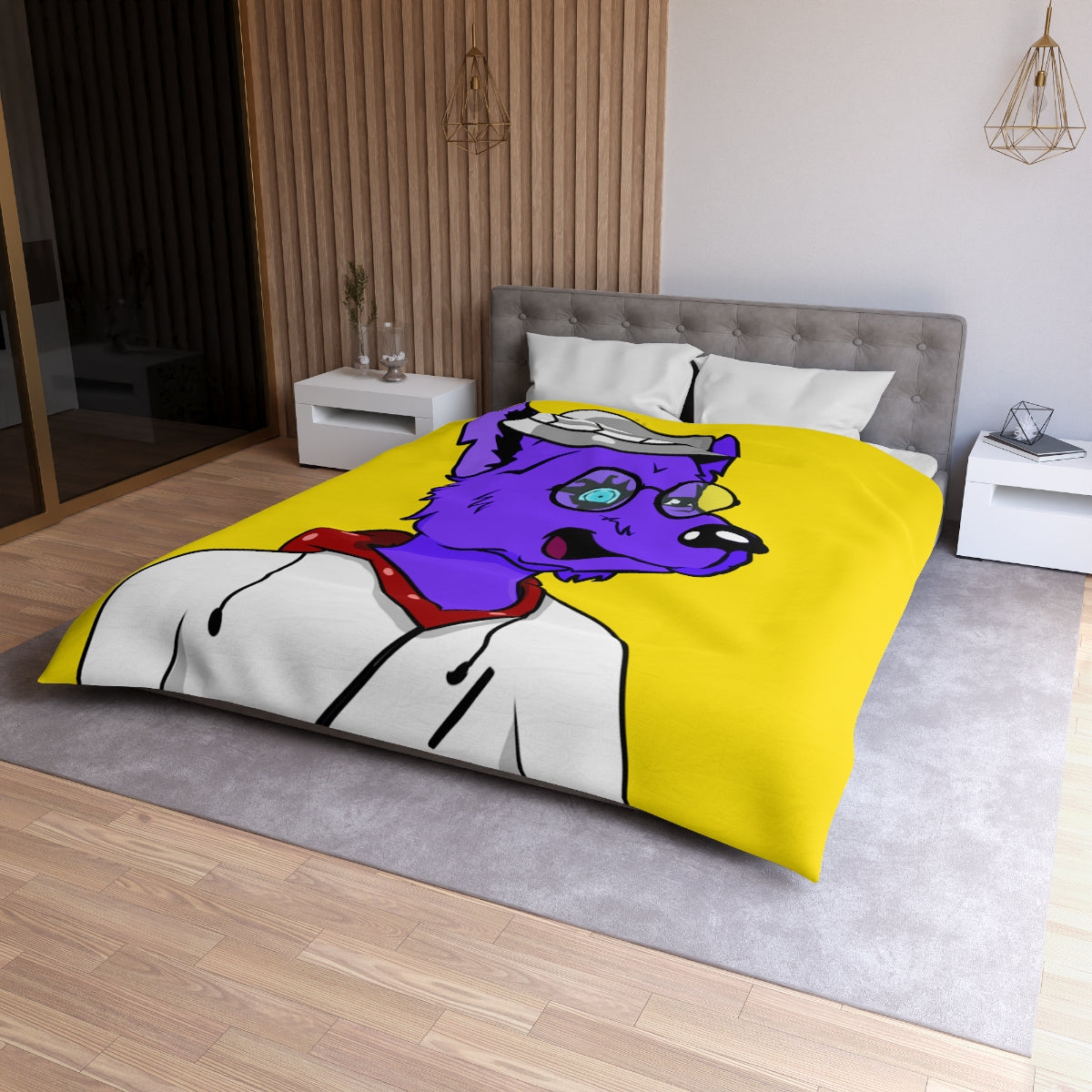 Cyborg Wolf Round Frame Glasses Fedora Hat White Sweatshirt Hoodie Purple Fur Microfiber Duvet Cover