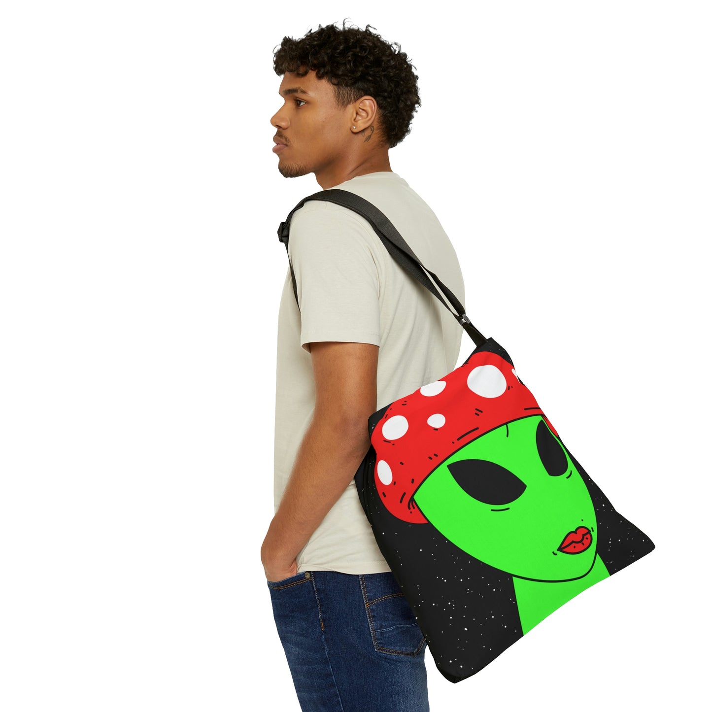 Mushroom Head Green Alien Visitor w/ Red Lips Adjustable Tote Bag (AOP)