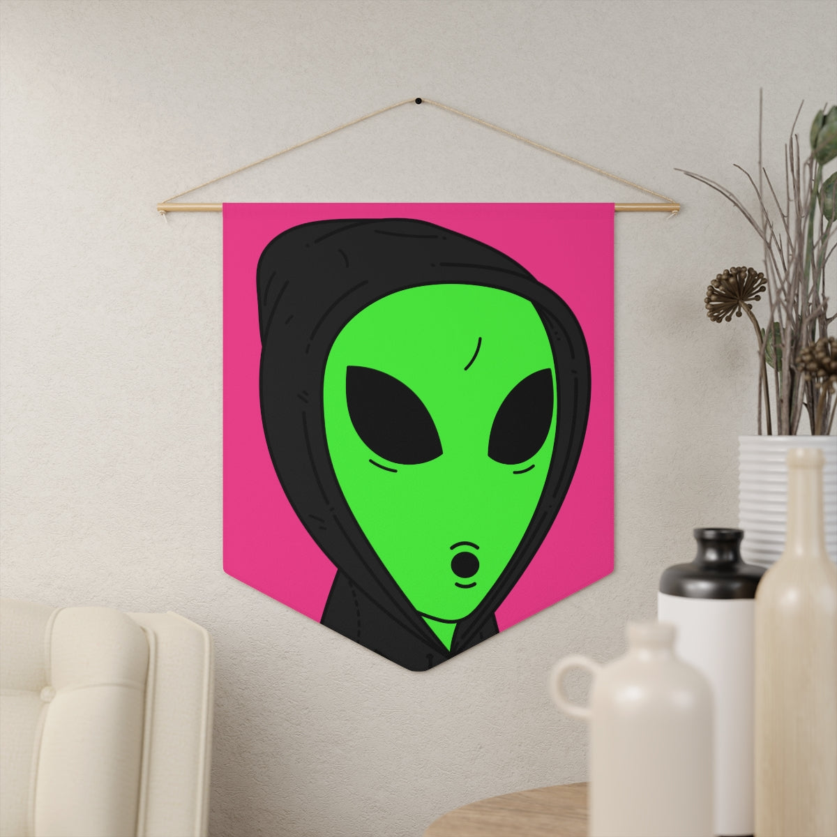 The Visitor Green Alien Black Hoodie Pink Background Pennant