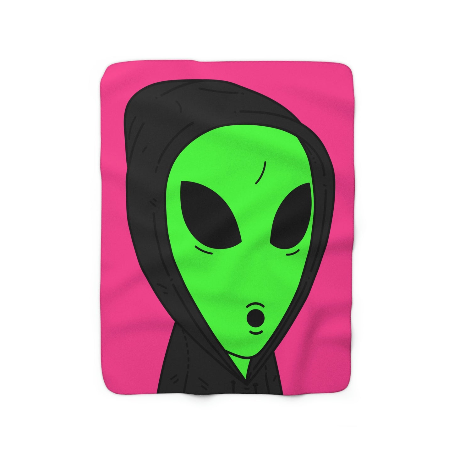 The Visitor Green Alien Black Hoodie Hood Pink Background Sherpa Fleece Blanket