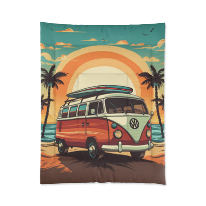 Retro Beach Camper Van - Sunset Surfboard Scene Comforter