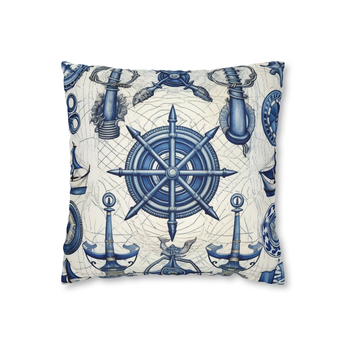 Nautical Theme Art - Anchors, Ropes, Compass Spun Polyester Square Pillow Case