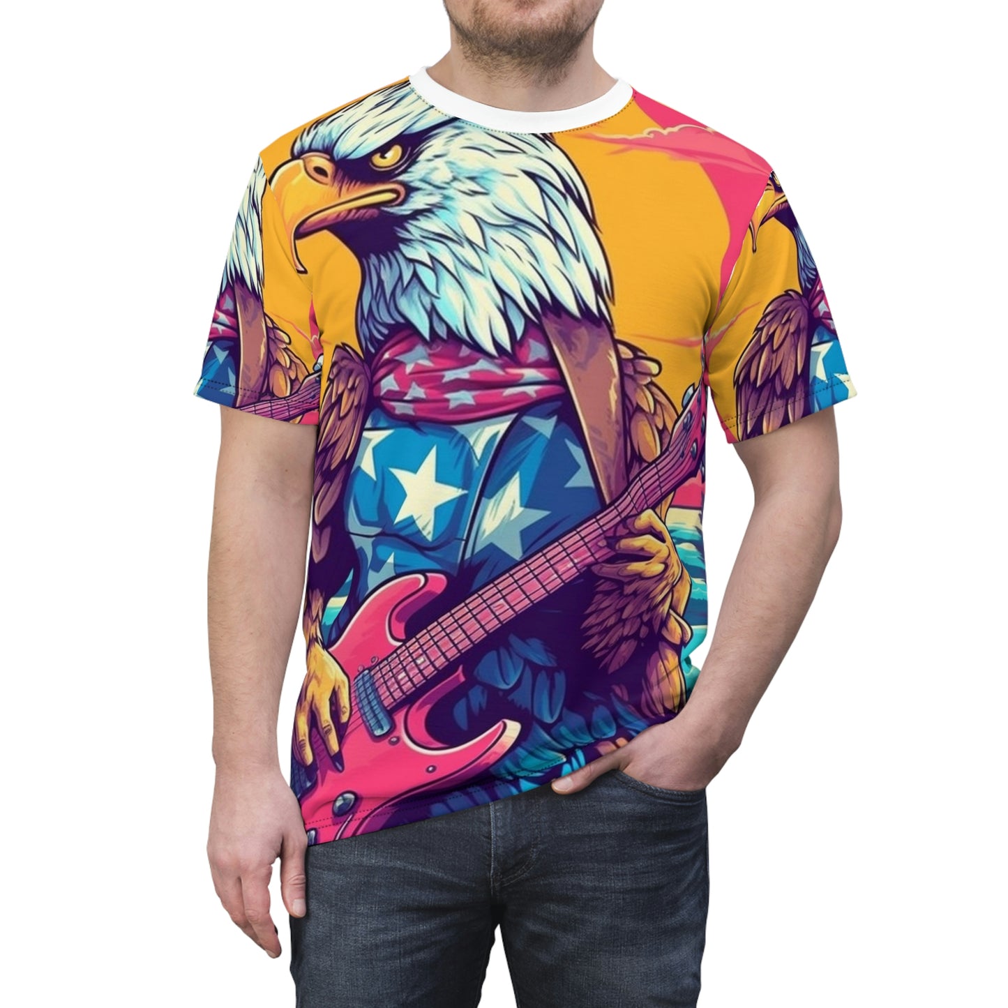 Bald Eagle from America, the Guitar Maestro Graphic Unisex Cut & Sew Tee (AOP)