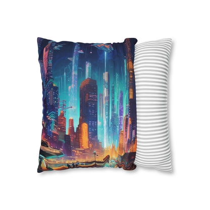 Futuristic Neon Cyberpunk Cityscape Art Design Spun Polyester Square Pillow Case