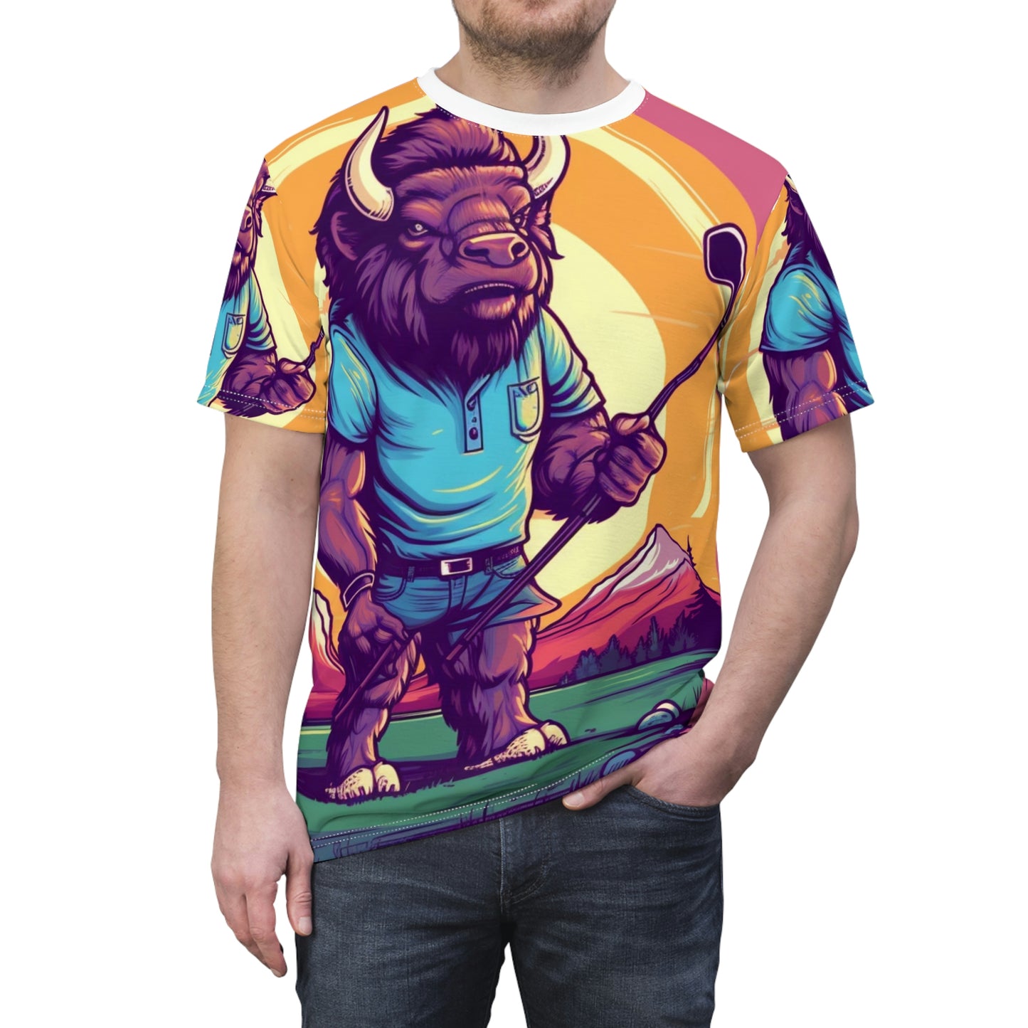 Golf Bison Buffalo USA Style Graphic Camiseta unisex cortada y cosida (AOP) 