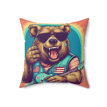 Mandolin Ukulele Guitar Instrument Furry USA Bear Animal Spun Polyester Square Pillow