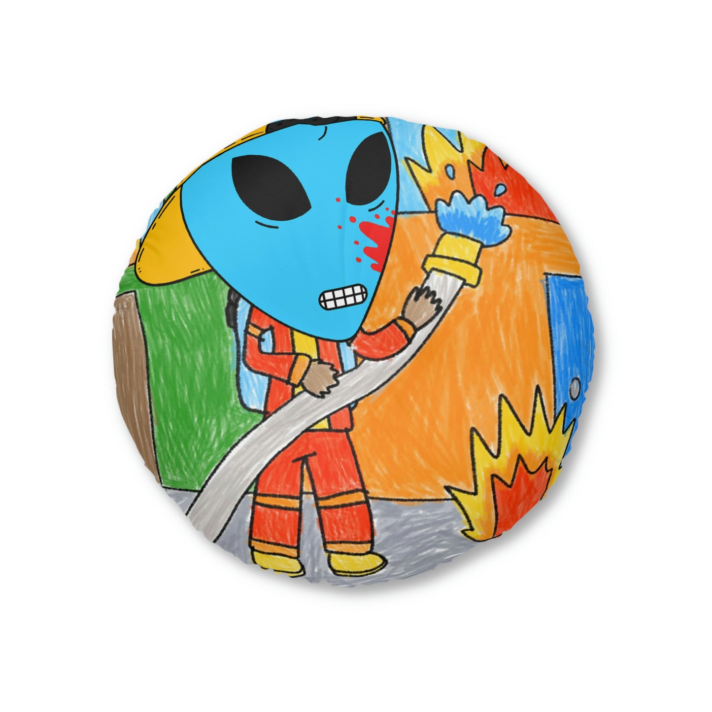 Fireman Fire Fighter Alien Blue Blood Visitor Hero Tufted Floor Pillow, Round