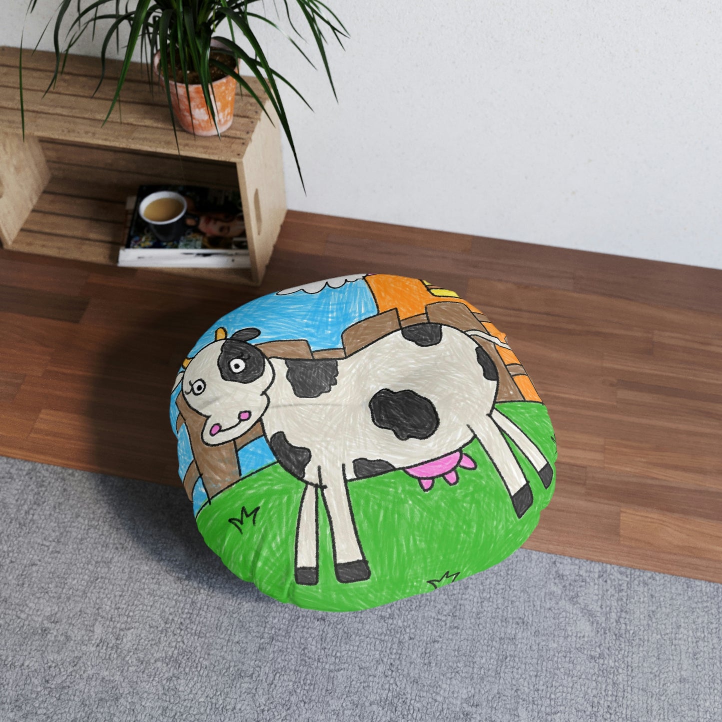 Cow Moo Farm Barn Animal Character Tufted Floor Pillow, Round