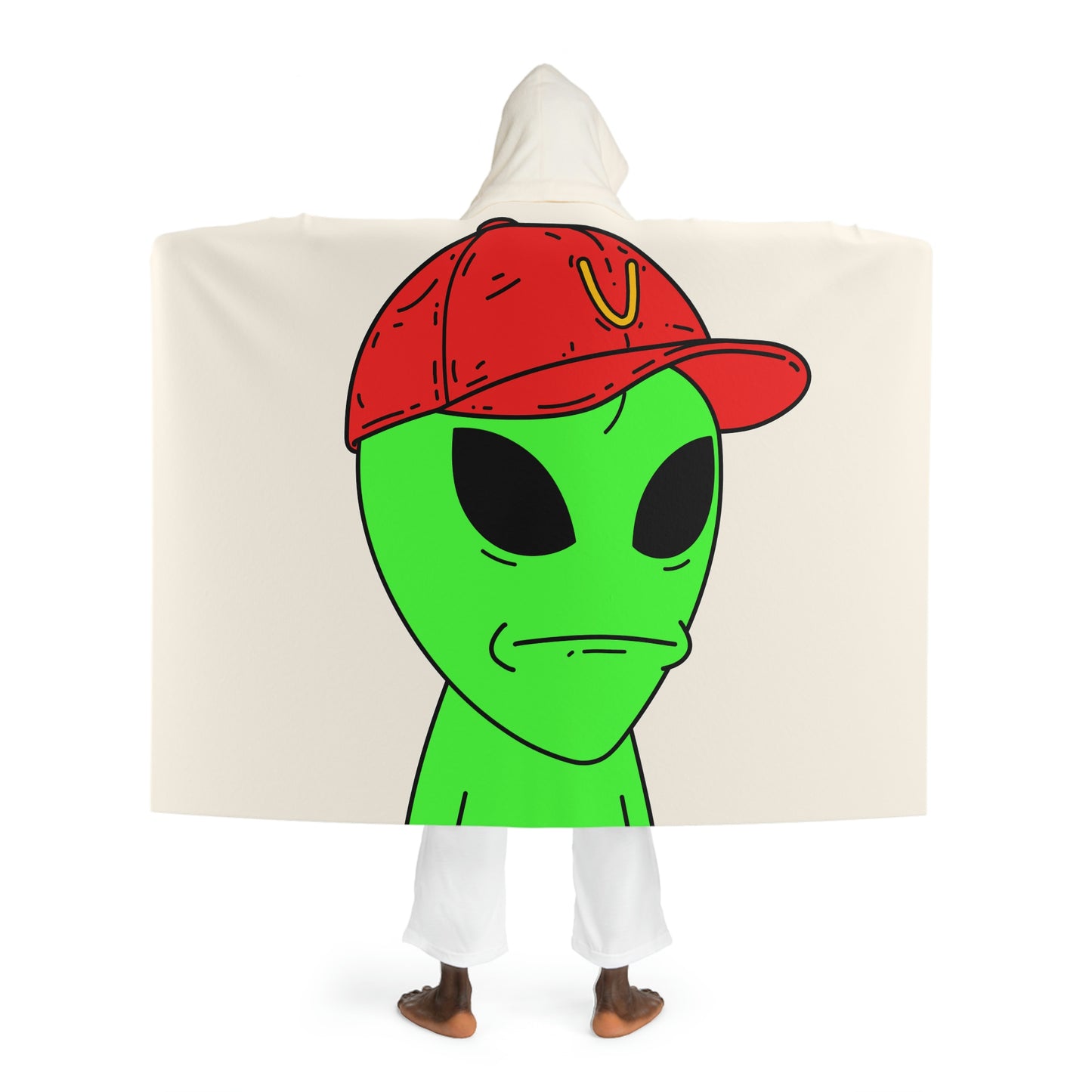 Green Visitor Alien Large Face Red V Hat Hooded Sherpa Fleece Blanket