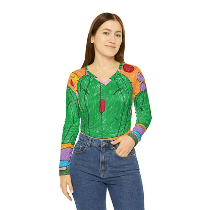 Desert Cactus Sumo Wrestler Graphic Women's Long Sleeve V-neck Shirt