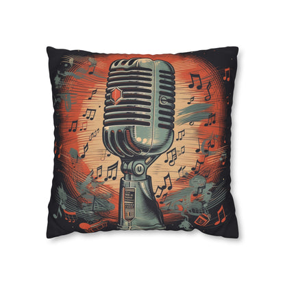 Micrófono retro y notas musicales - Funda de almohada cuadrada de poliéster hilado con diseño de estilo vintage 