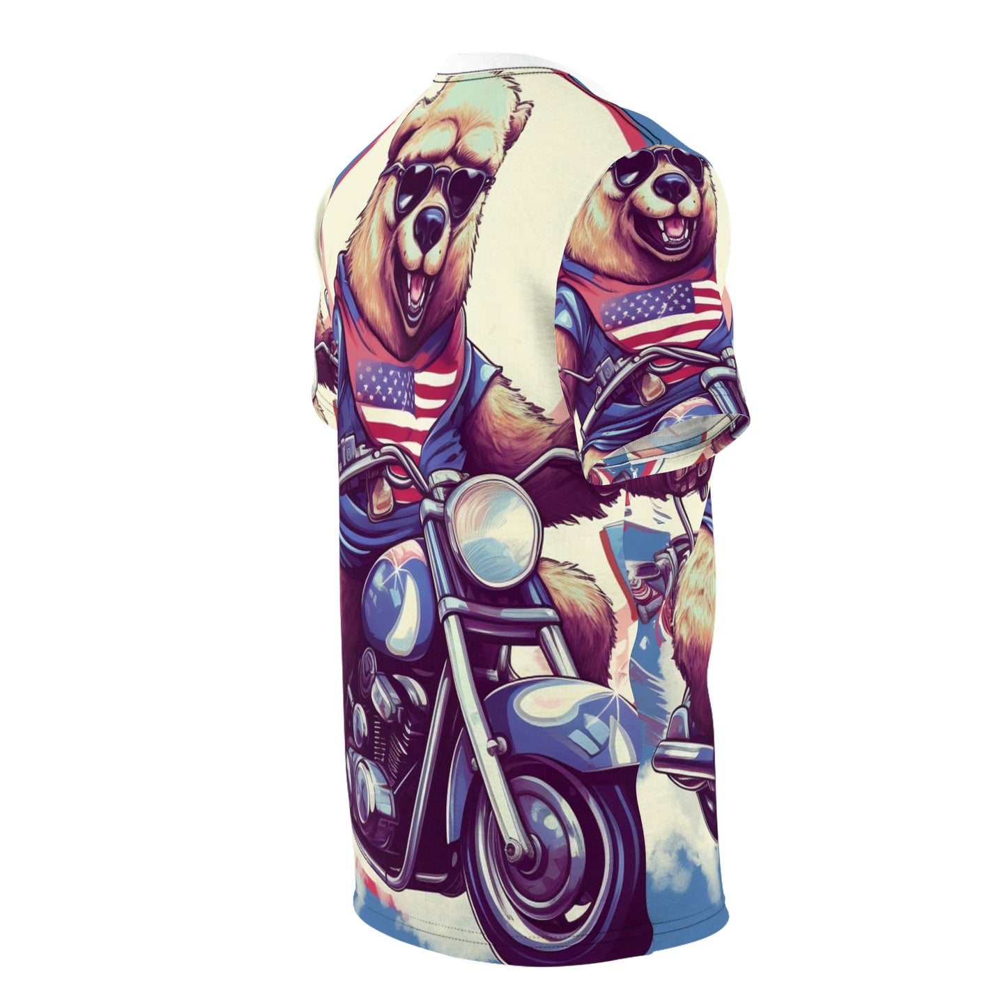 Roaring American Pride: Patriotic Bear 4th of July Motorcycle Adventure Unisex Cut & Sew Tee (AOP)