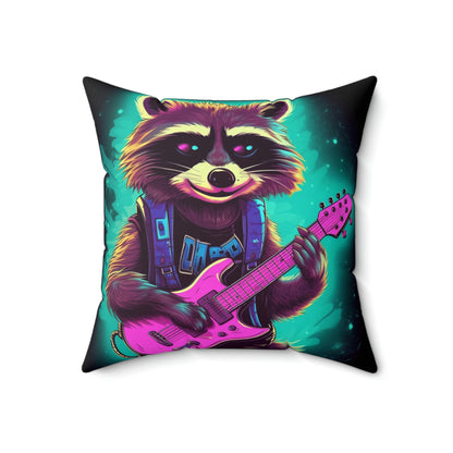 Raccoon Guitar Music Player Furry Animal Rock Star Spun Polyester Square Pillow