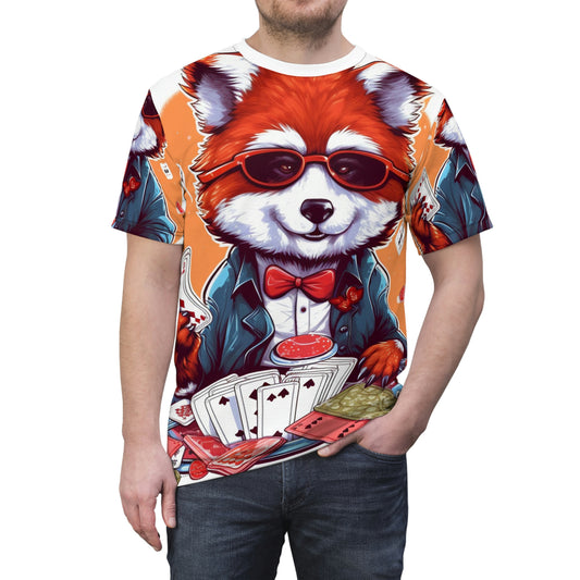 Red Panda Poker Card Player Anime Graphic Camiseta unisex cortada y cosida (AOP) 