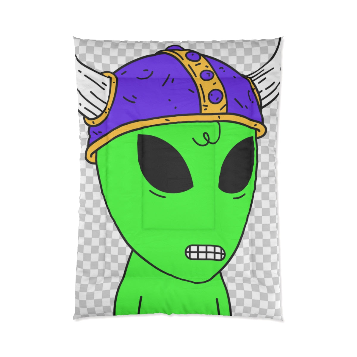 Cama de visitante extraterrestre con dientes digitales y casco vikingo morado Colcha