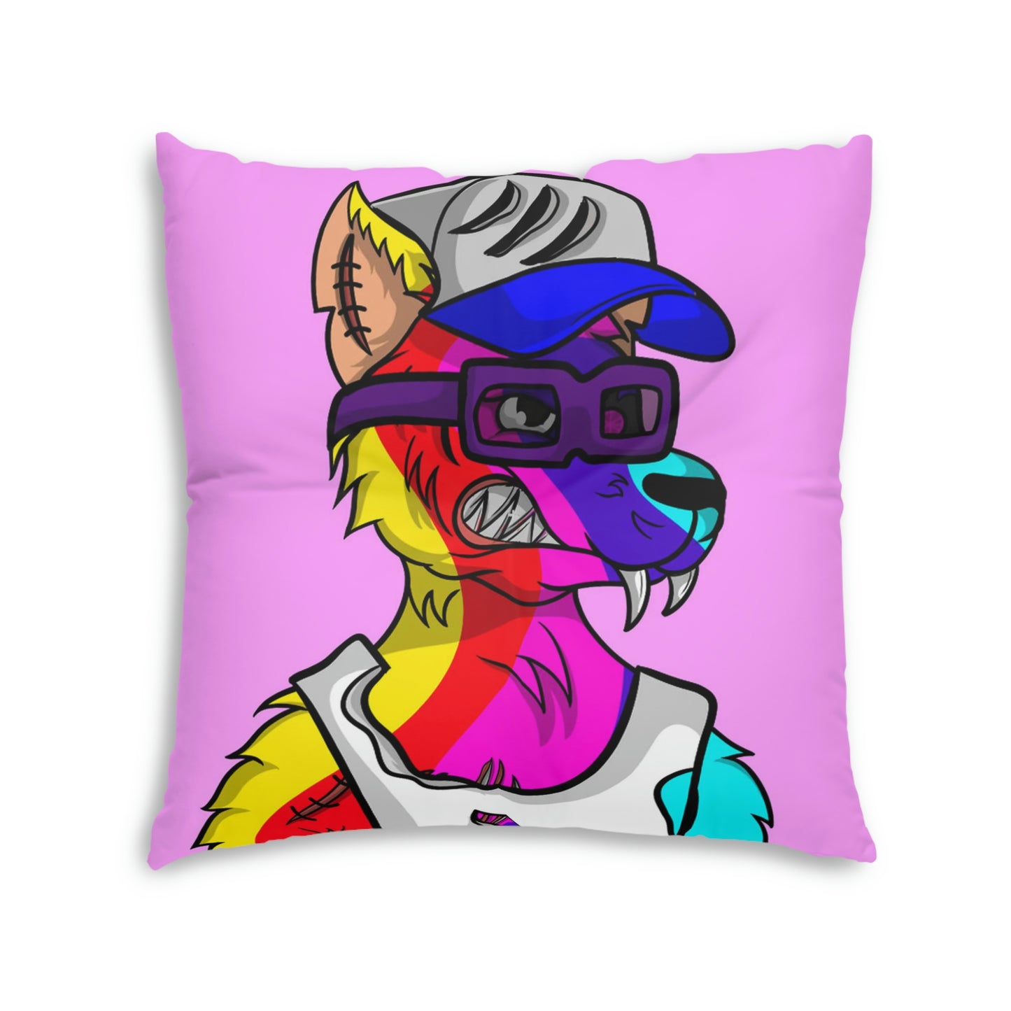 Rainbow Wolf Fur Cyborg Wolve Tufted Floor Pillow, Square