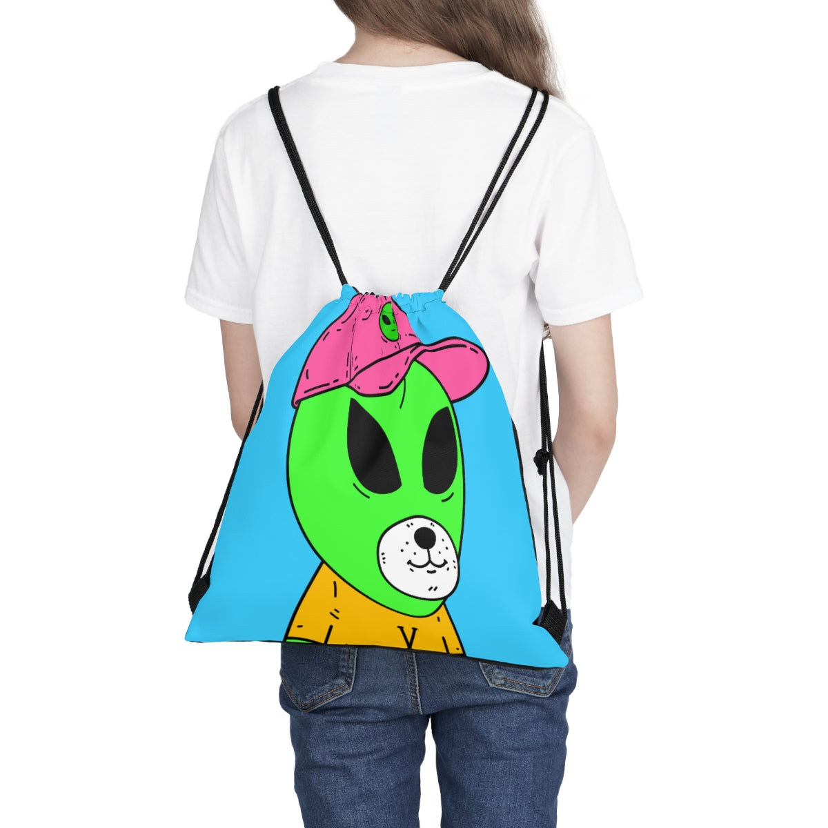 Green Alien Visitor Dog Bear Face Yellow V T Shirts Pink Visi Hat Outdoor Drawstring Bag