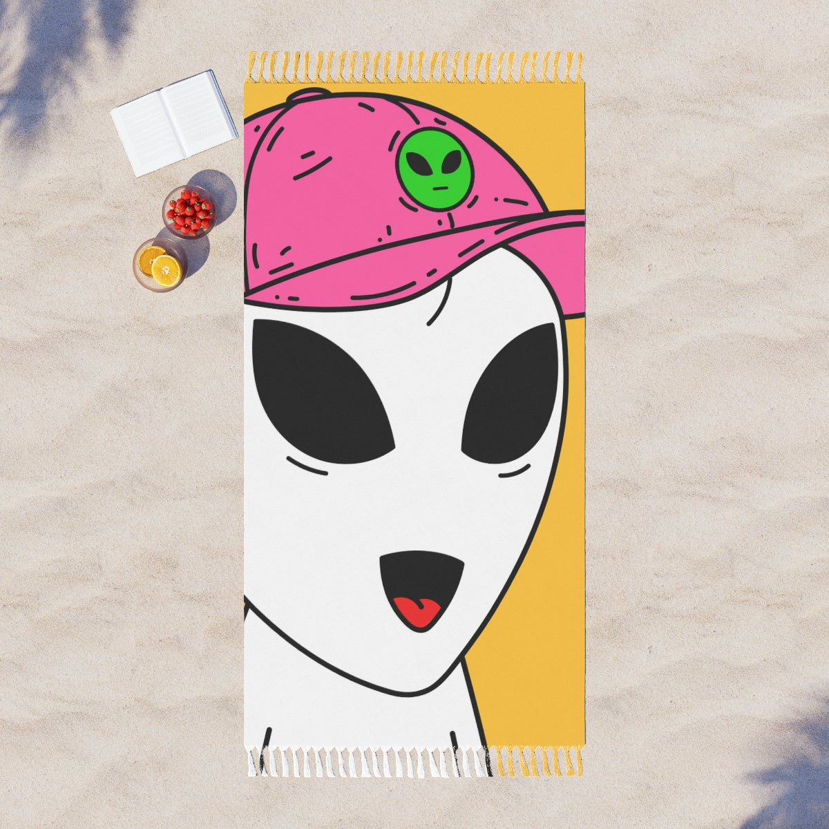 Alien Blanco Sonrisa Sombrero Rosa Visitante Ojos Grandes Paño Playa Boho