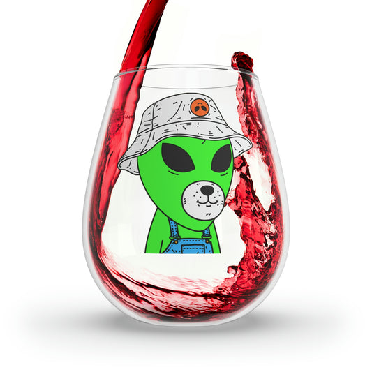 Green Dog Face Visitor Alien Hat Farmer Trousers Stemless Wine Glass, 11.75oz