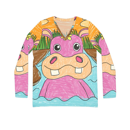 Hippo Hippopotamus Animal Creature Graphic Camisa de manga larga con cuello en V para mujer 