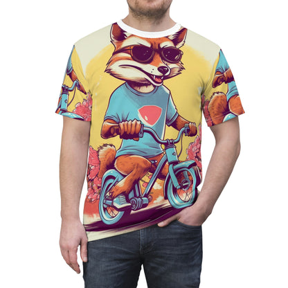 Fox Riding Bike Cartoon Anime Culture Graphic Unisex Cut & Sew Tee (AOP)