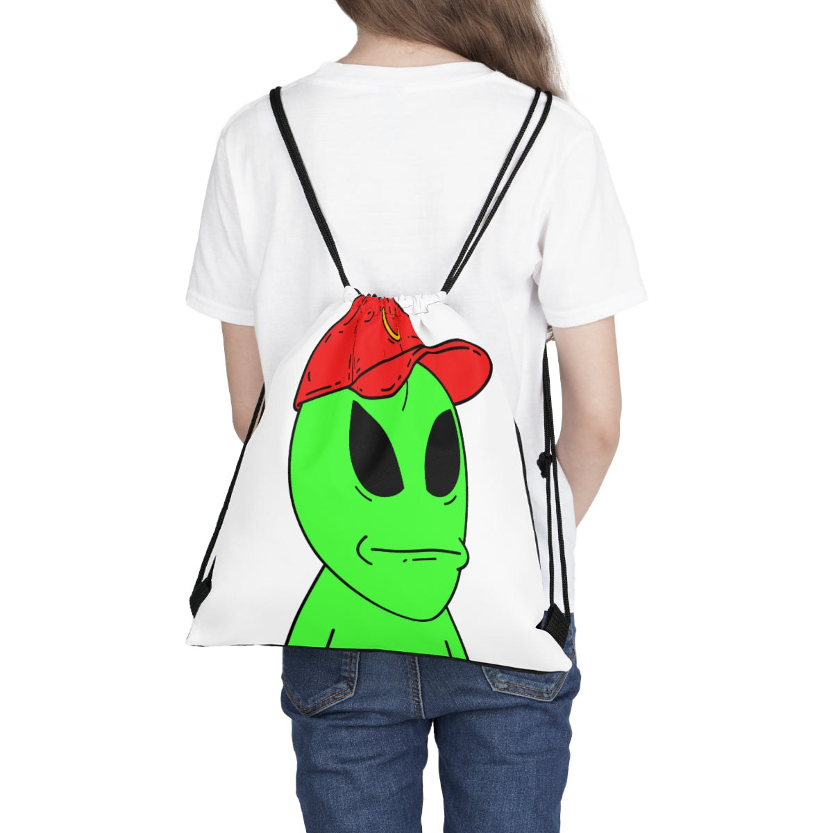 Green Visitor Alien Large Face Red V Hat Outdoor Drawstring Bag