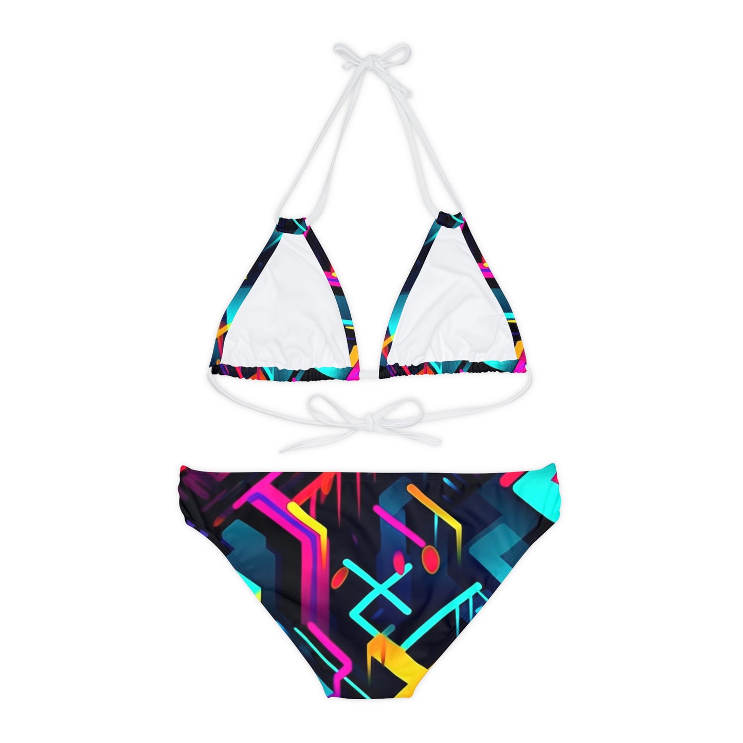 Vibrant Trendy Neon Abstract Geometric Pattern Design Strappy Bikini Set (AOP)