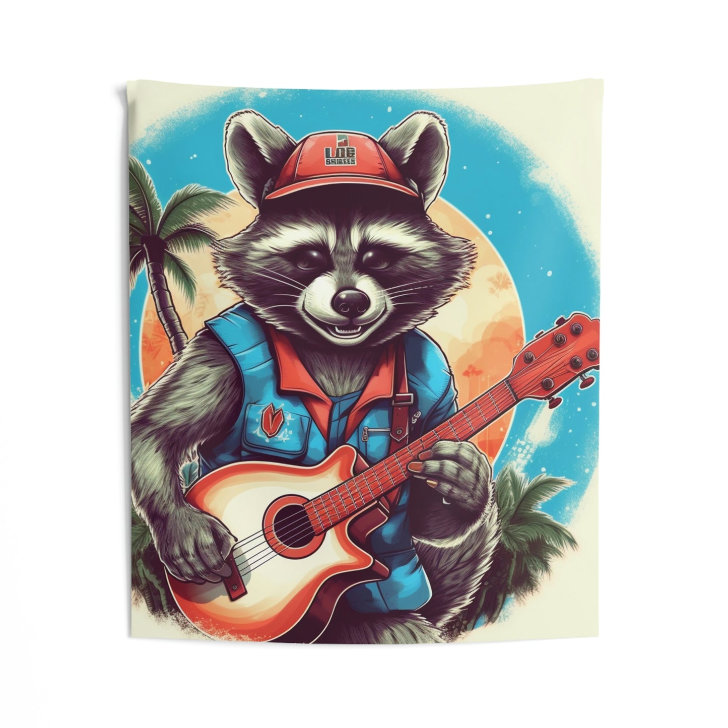 Ukelele tocando mapache - Tapices de pared para interiores con arte de isla musical de animales peludos 