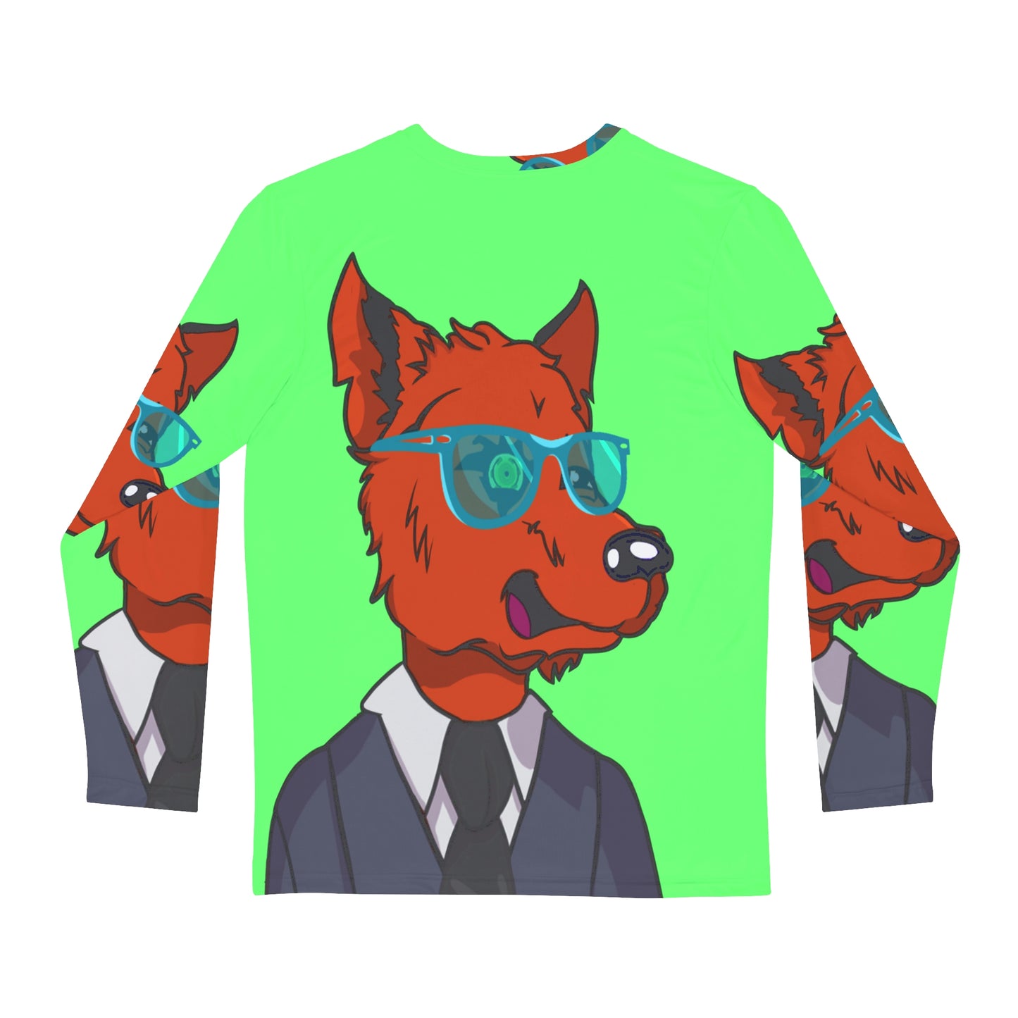 Cyborg Wolf Grey Suit Black Tie Blue Glasses Orange Fur Men's Long Sleeve AOP Shirt