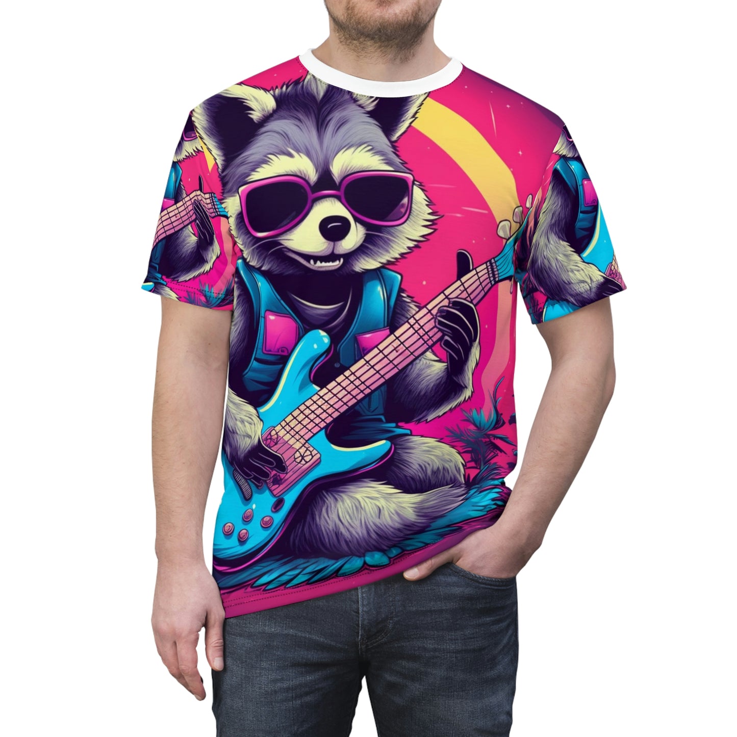 Guitar-Playing Raccoon: Furry Star of Rock Music Unisex Cut & Sew Tee (AOP)