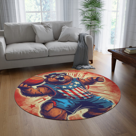 Slam Dunk for Independence:Patriotic Bear's 4th of July Basketball Game Round Rug