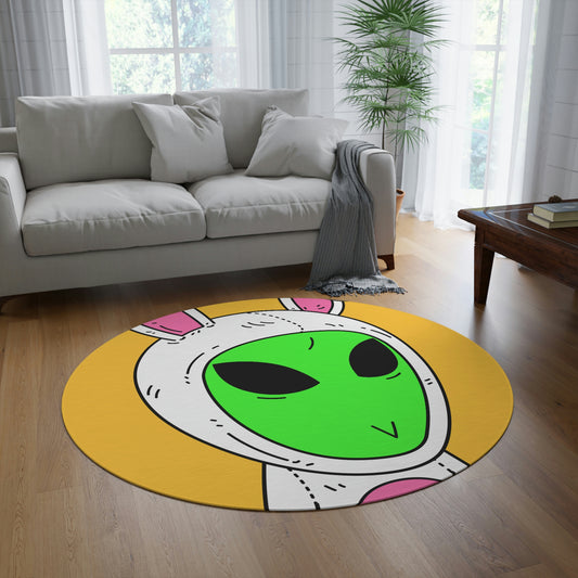 Green Alien V Face White Bunny Rabbit Visitor Round Rug - Visitor751