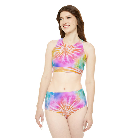 Boho Beach Vibe Pastel Hues Tie-Dye Pattern Design Sporty Bikini Set (AOP)