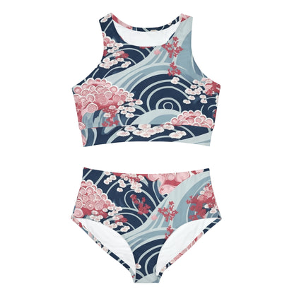 Japanese Minimalist Waves & Cherry Blossoms Pattern Sporty Bikini Set (AOP)