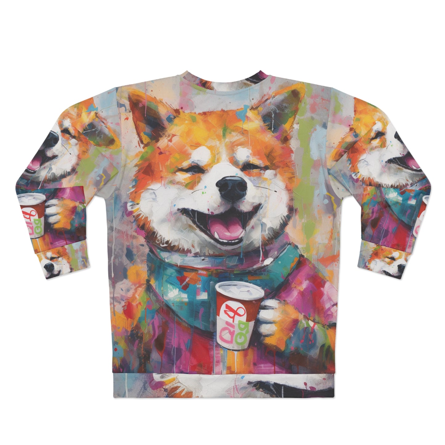 Arte estilo graffiti Shiba Inu bebiendo café: sudadera unisex de diseño colorido, feliz y post-apocalíptico (AOP) 