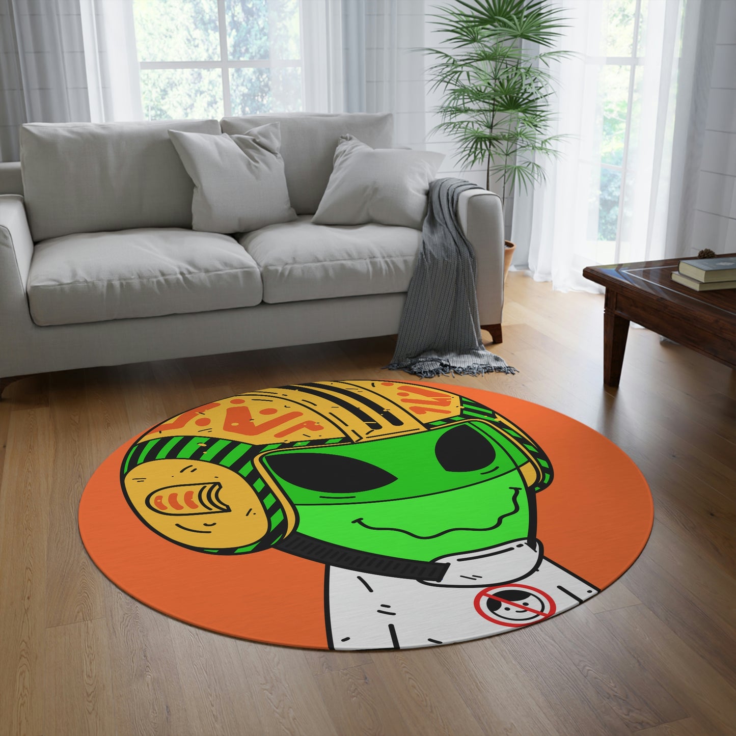 Yellow Space Ship UFO Flying Saucer Helmet Green Smiley Anti Human Visi Tshirt Visitor Round Rug - Visitor751