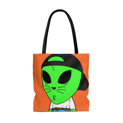 Cat Whiskers Visitor Green Alien Heart Nose Black Cap AOP Tote Bag