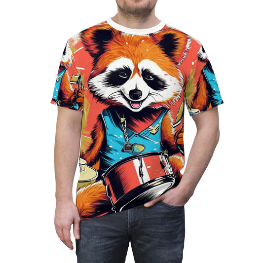 Red Panda Drum Music Player Graphic Camiseta unisex cortada y cosida (AOP) 