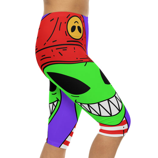 Alien Character Cartoon Big Smile Women’s Capri Leggings (AOP)