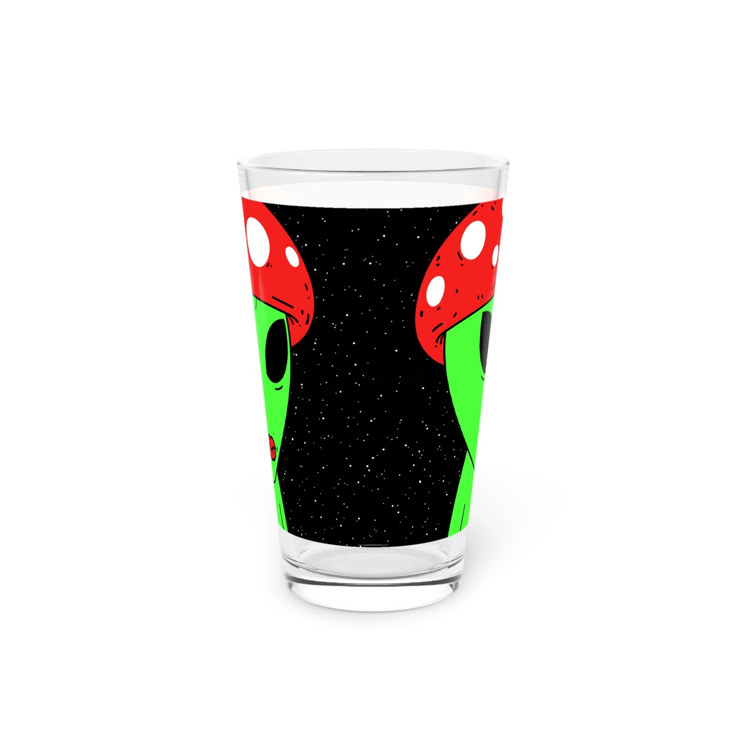 Mushroom Head Green Alien Visitor w/ Red Lips Pint Glass, 16oz