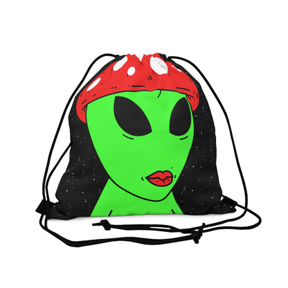 Mushroom Head Green Alien Visitor w/ Red Lips Outdoor Drawstring Bag