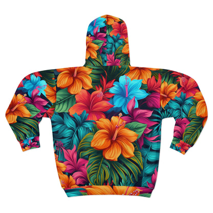 Sudadera con capucha y cremallera unisex con diseño de estampado floral tropical de inspiración hawaiana vibrante (AOP)