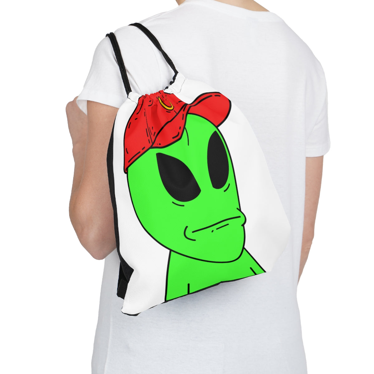 Green Visitor Alien Large Face Red V Hat Outdoor Drawstring Bag