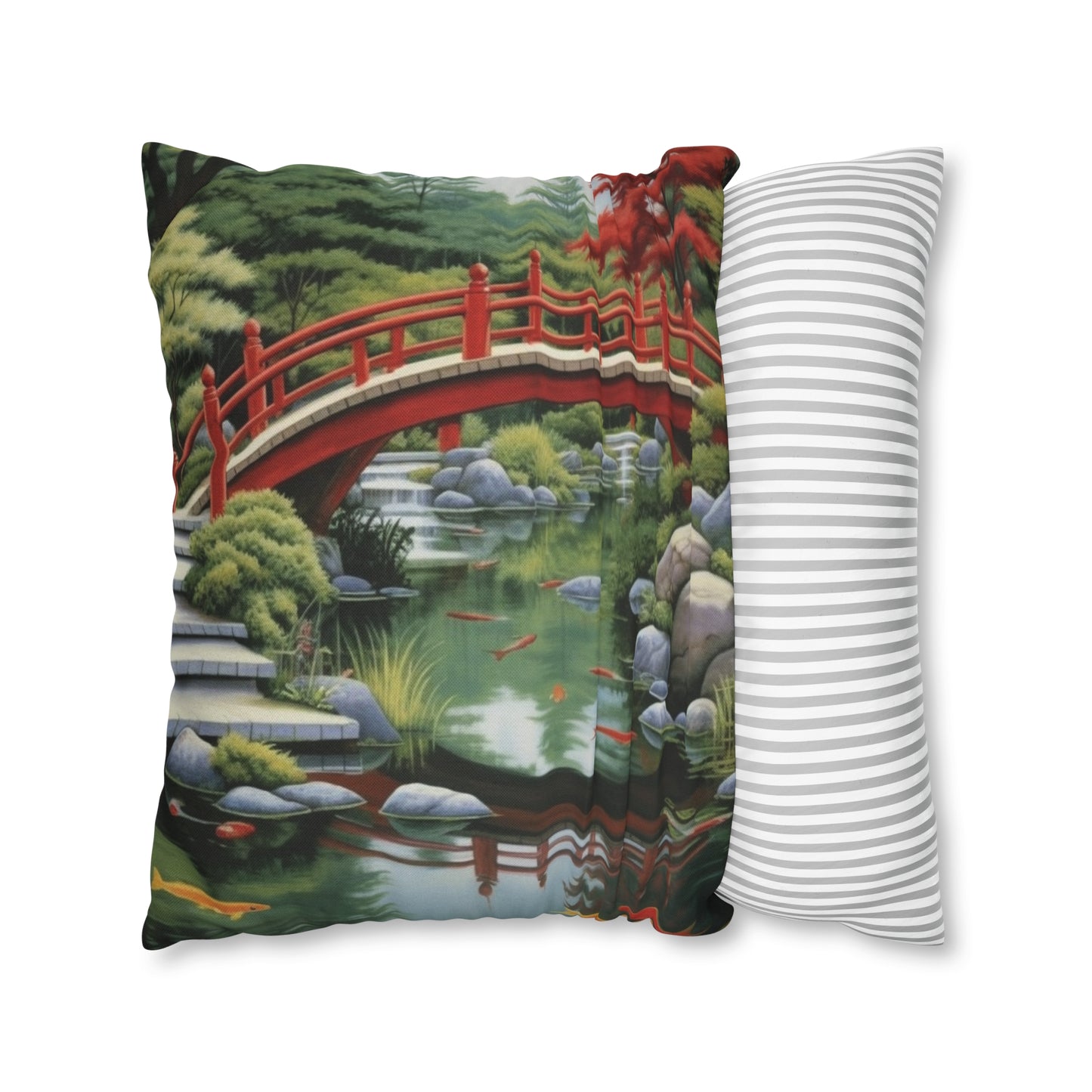 Japanese Garden Art - Tranquil Koi Pond Red Bridge Spun Polyester Square Pillow Case