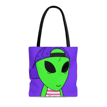 Purple Hat Green Alien Smile Visitor Red White Striped Tank Top AOP Tote Bag