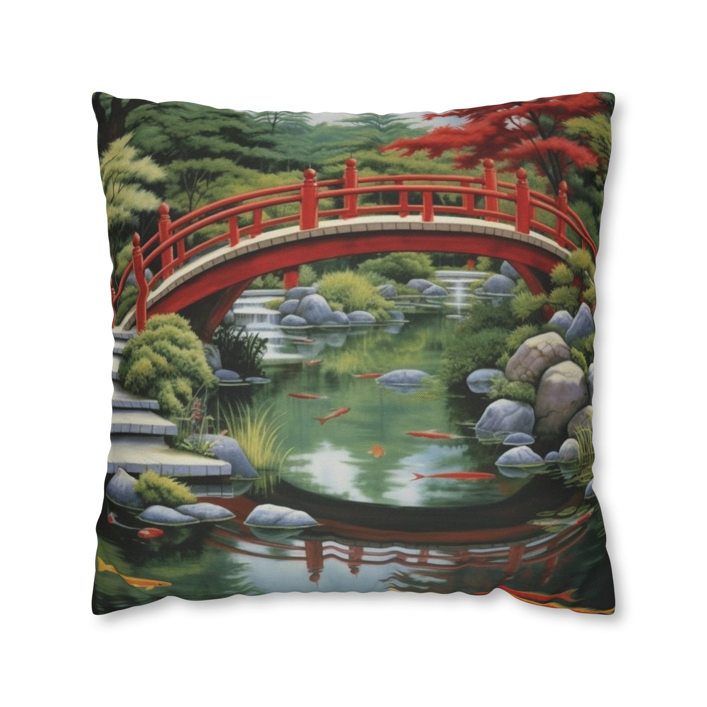 Japanese Garden Art - Tranquil Koi Pond Red Bridge Spun Polyester Square Pillow Case